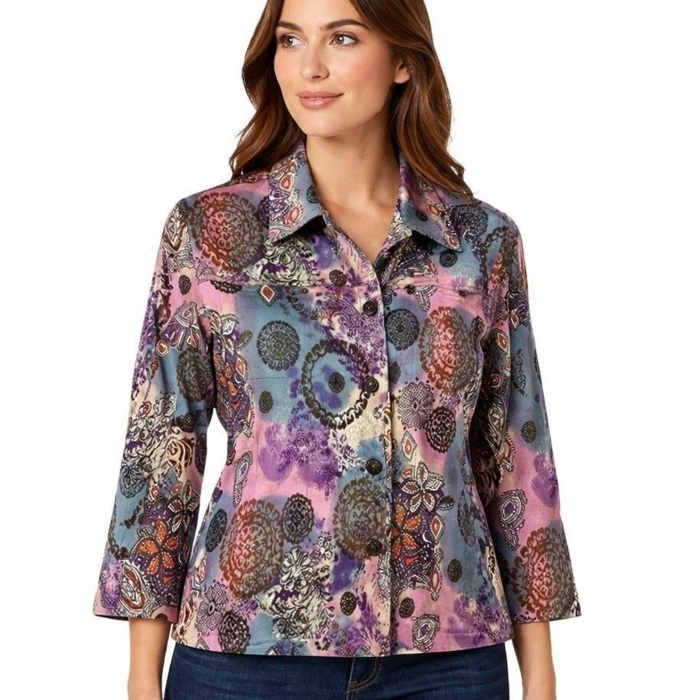 Mirror Image Women Large Paisley Mandala Print Cotton Stretch Jacket Purple Blue